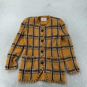 Vintage Adolfo Saks Fifth Avenue Sweater Jacket Women's Small Yellow Plaid 80s